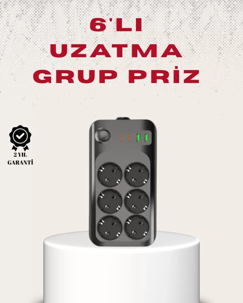 6’lı Grup Priz Termal Korumalı USB Type-C Çoklu Priz 2 Metre Kabl