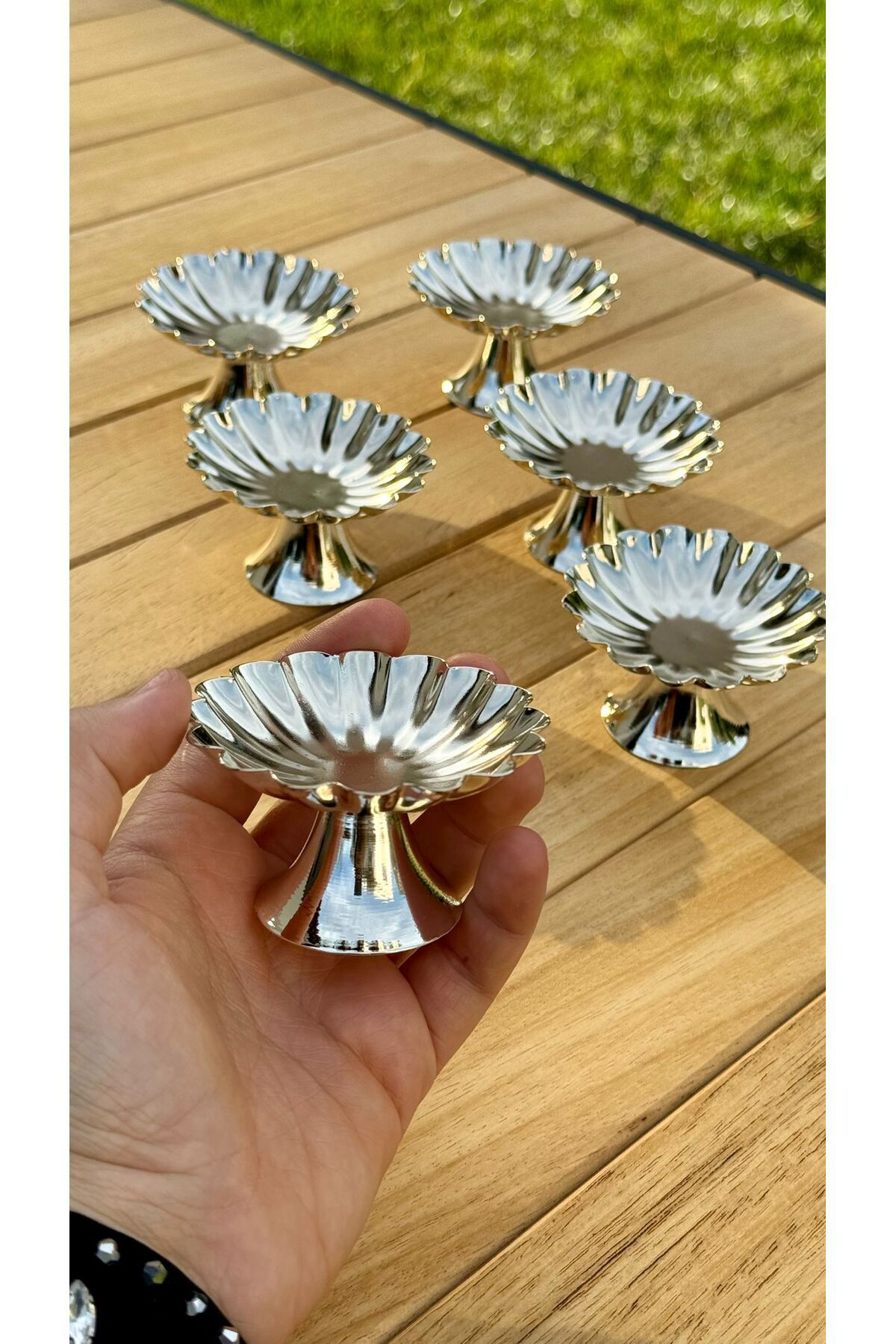 Mira Züccaciye 6'Lı İsritidye Huni Ayaklı Gümüş Kahve Yanı Lokumluk, Makaronluk,