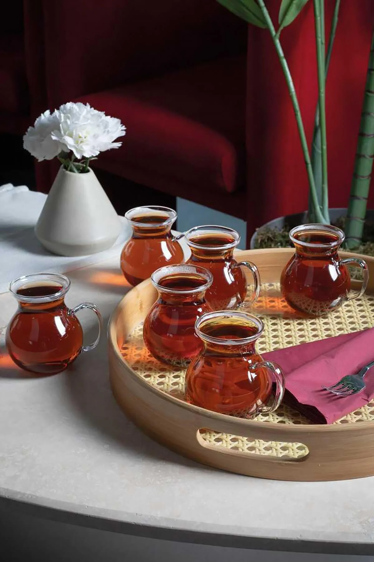 6lı Keyfi Ala Borosilikat Cam Kulplu Çay Bardağı