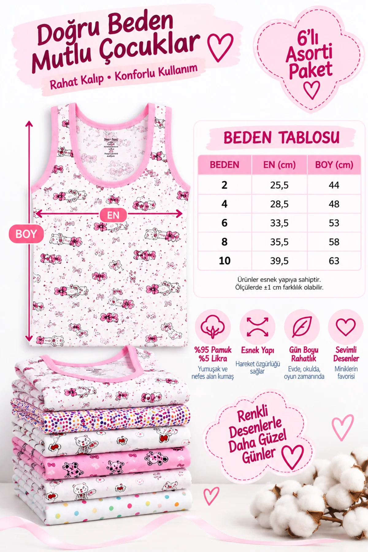 6'lı Kız Çocuk Geniş Askılı Atlet %95 Pamuk %5 Likra Empirme Desenli Asorti Paket