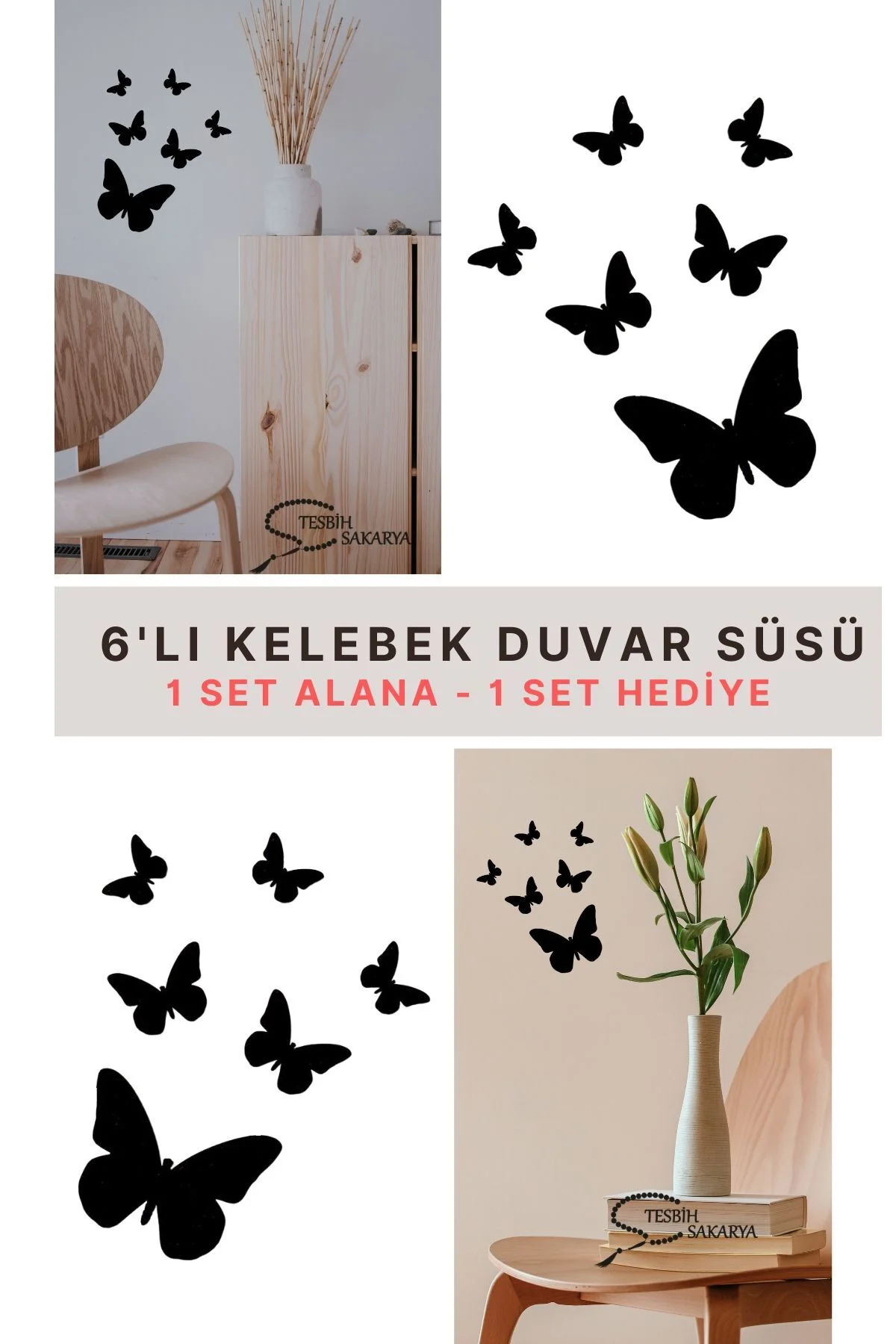 6'lı MDF Ahşap - Siyah Kelebek Duvar Süsü - 1 Set alana 1 Set Hediye
