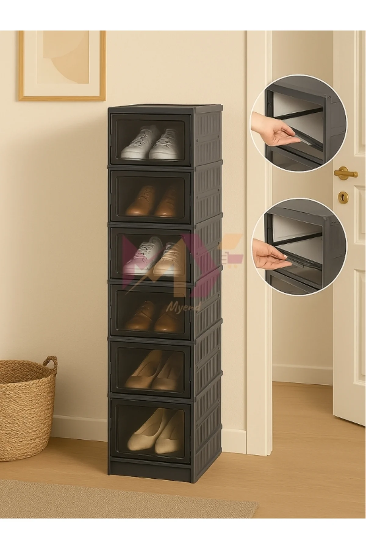 6'lı Modüler Ayakkabılık Dolabı Antrasit Ayakkabı Kutusu Seti Kap