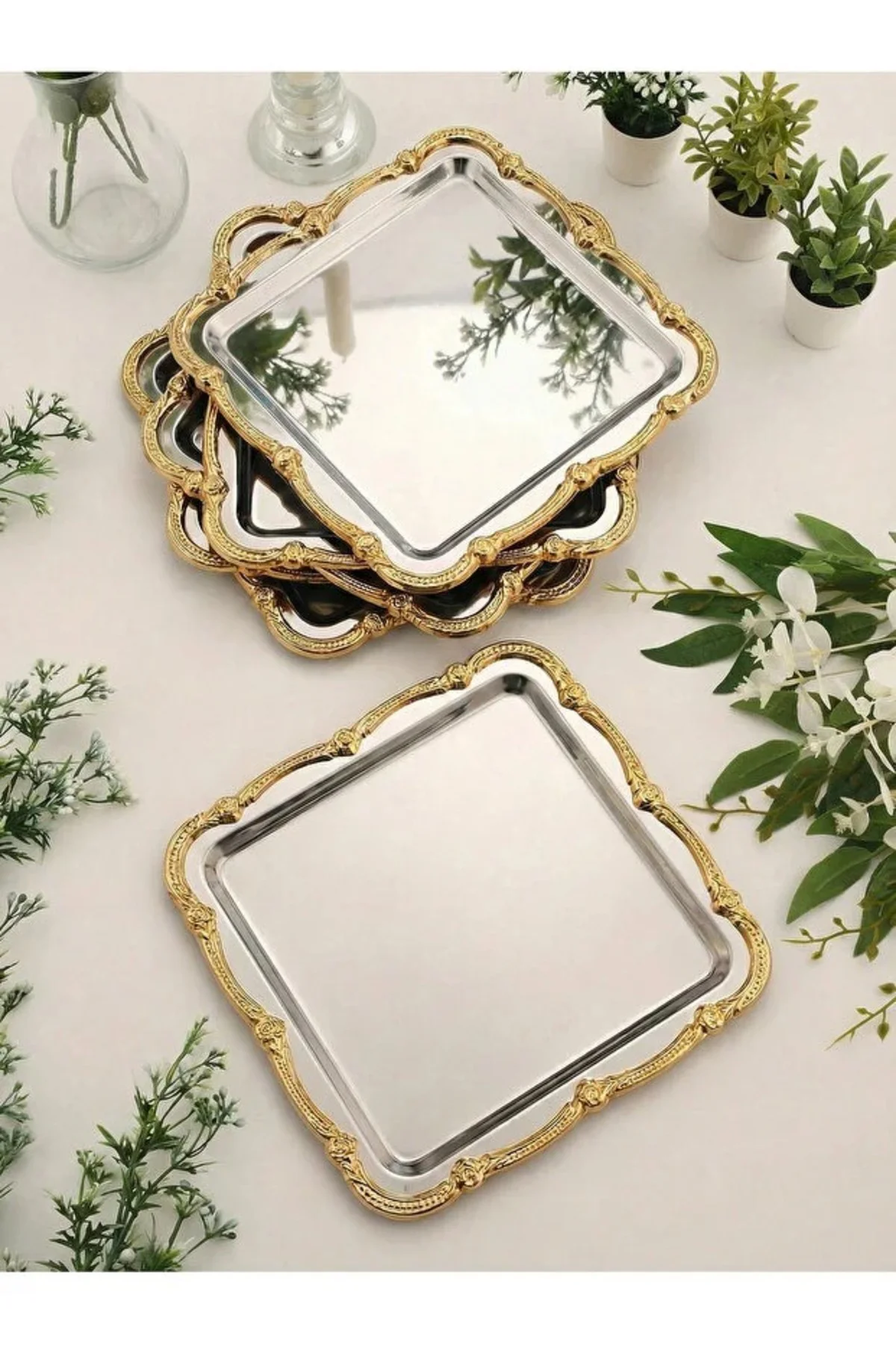 6'lı Paslanmaz Çelik Gold Çerçeve Kahve Sunum Tepsisi Servis Dekoratif Tepsi 23,5cm