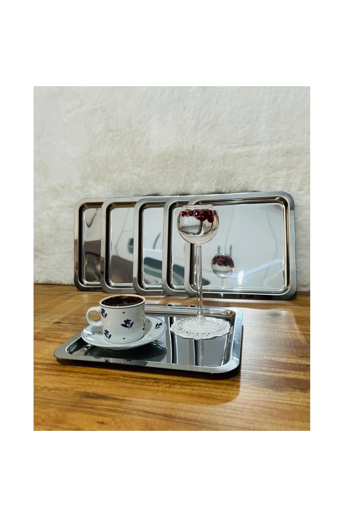 6'lı Paslanmaz Çelik 21x21 Kare Çay, Kahve, Pasta Servis Tepsisi 