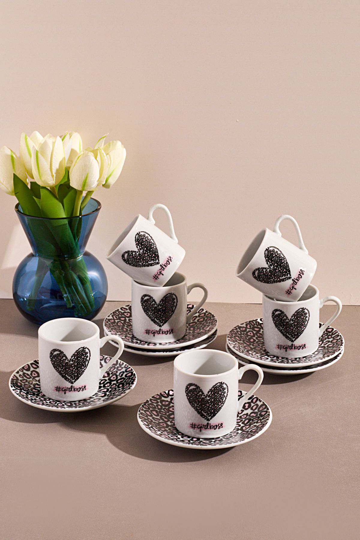 Ms Morry 6'Lı Porselen Kahve Fincanı Takımı-Kalpli #Girlboss