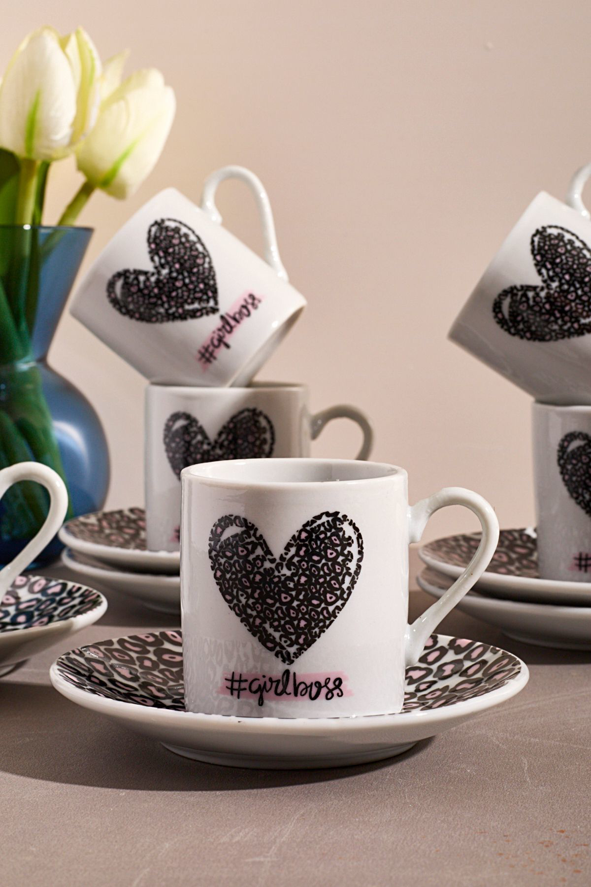 Ms Morry 6'Lı Porselen Kahve Fincanı Takımı-Kalpli #Girlboss