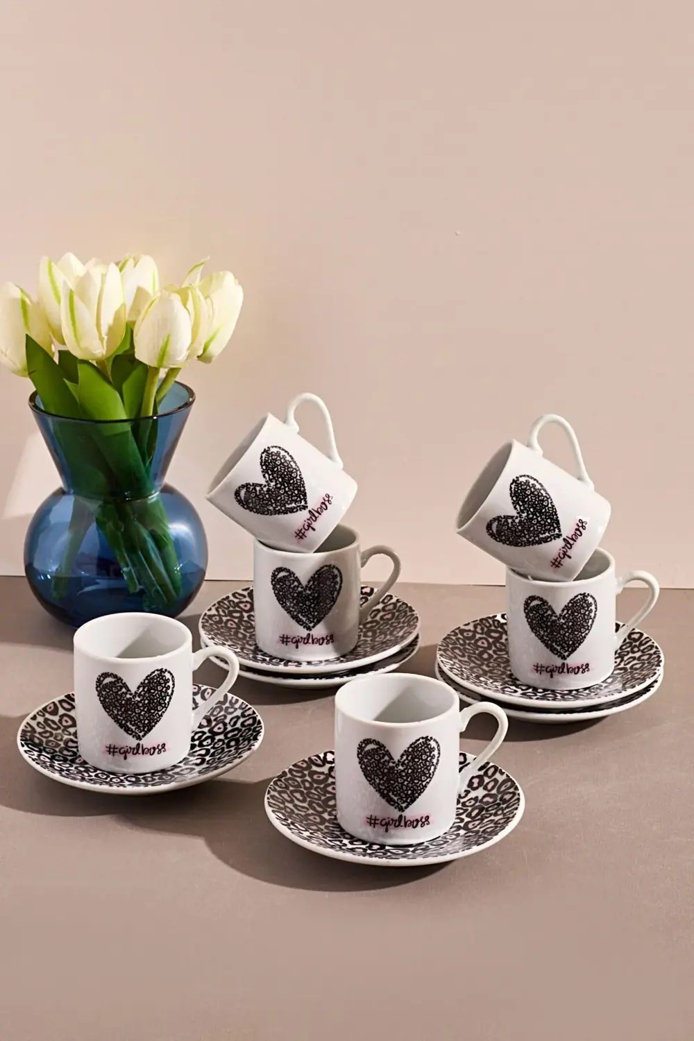 6'lı Porselen Kahve Fincanı Takımı-kalpli #girlboss