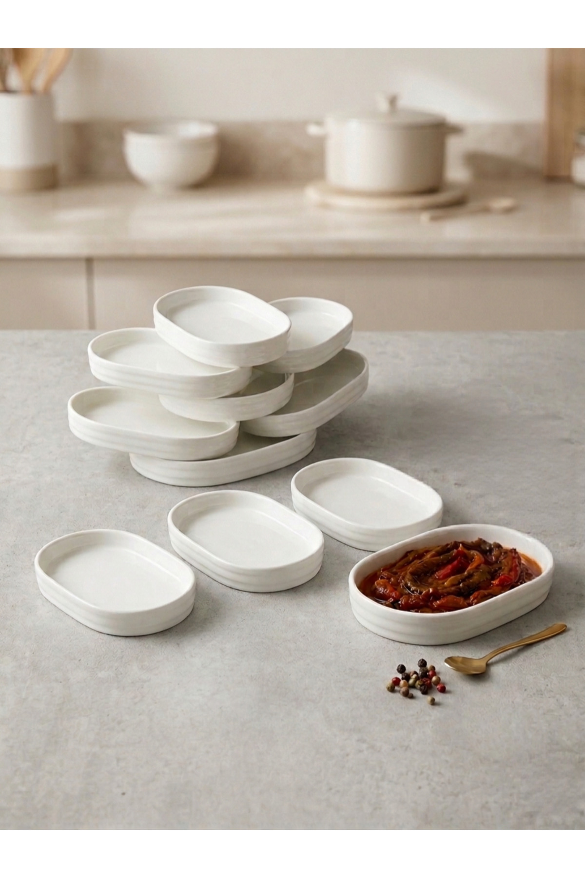 6'lı Porselen Oval Sunumluk ve Kahvaltılık Tabağı Seti - 20cm