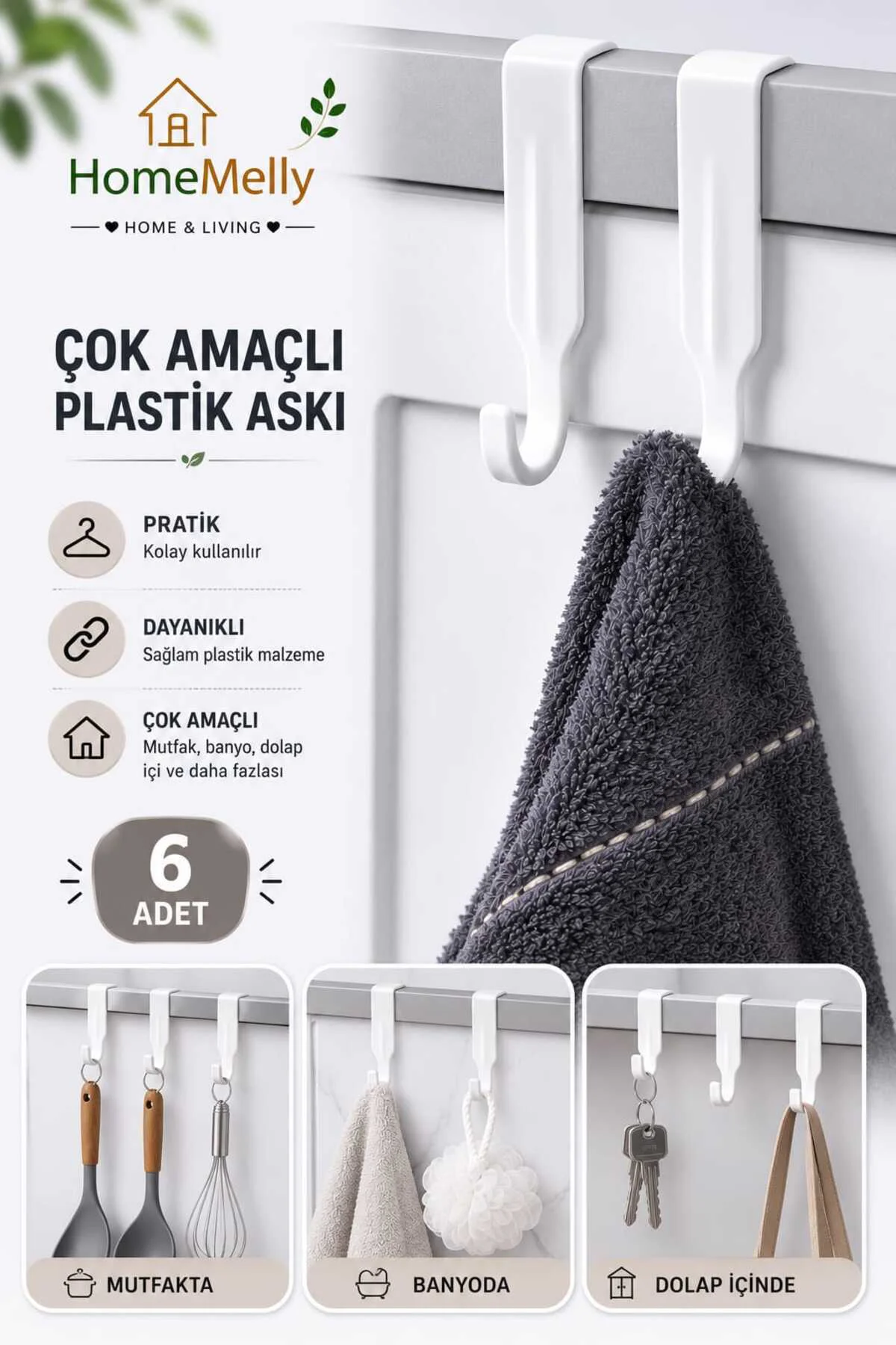 6'lı Pratik Plastik Askı Kancalı Asmalı Dolap Kapağı Çekmece Kapı Askısı