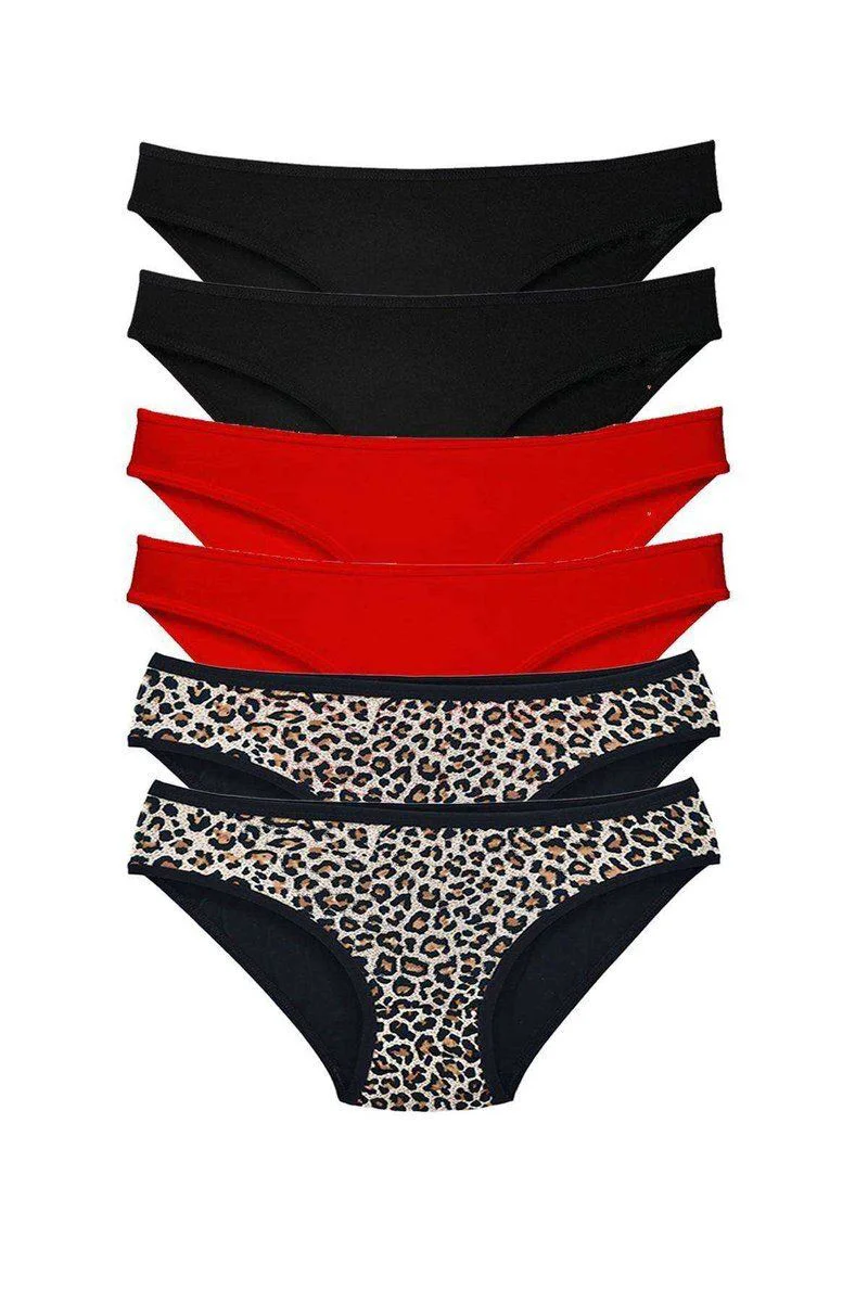 6'lı Set Likralı Yumuşak Dokulu Kadın Slip Külot - Leopar Siyah Kırmızı Pamuklu İç Çamaşırı 6'lı Set Likralı Yumuşak Dokulu Kadın Slip Külot - Leopar Siyah Kırmızı Pamuklu İç Çamaşırı