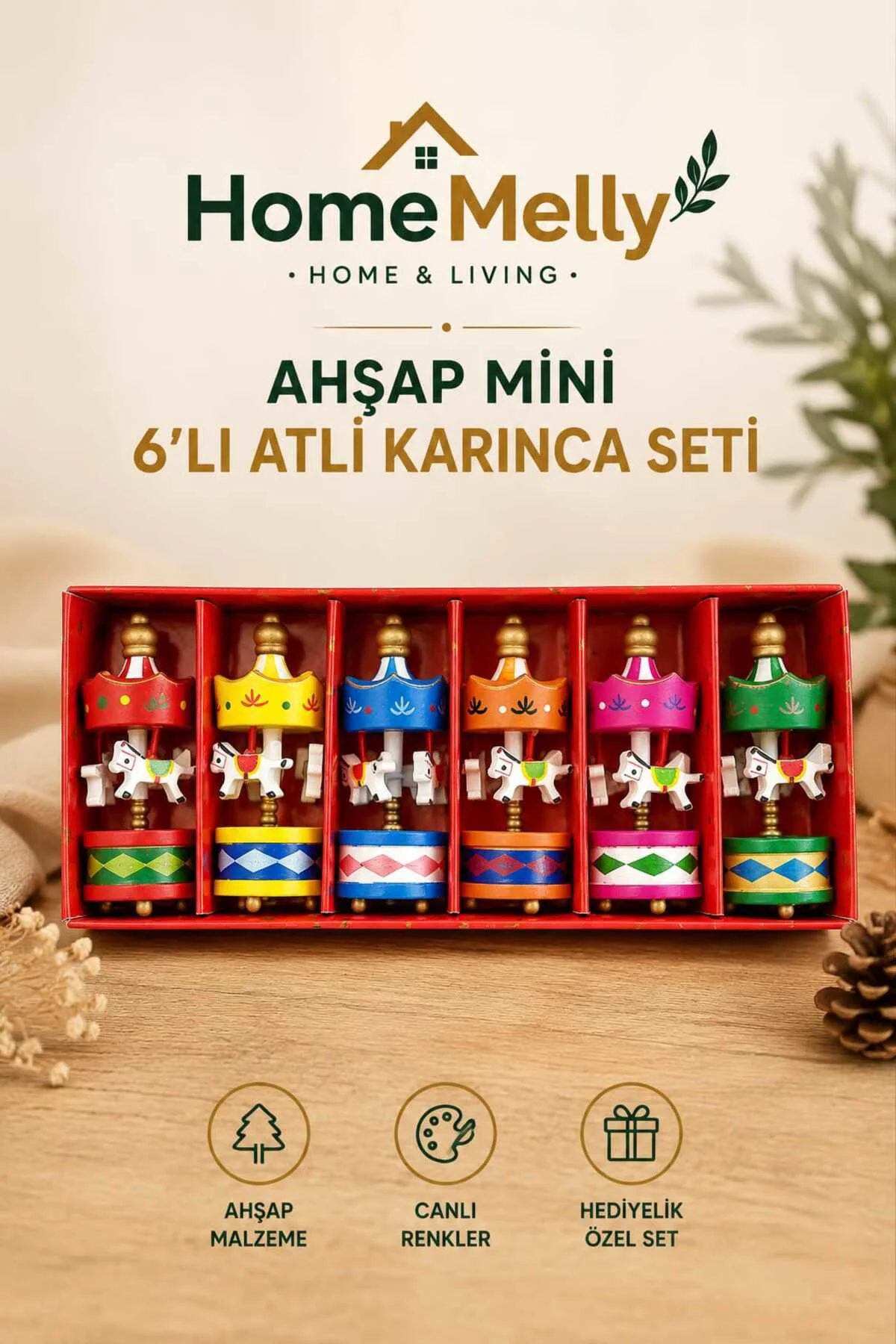 6lı Set Mini Atlı Karınca Seti, Ahşap Renkli Mini Set