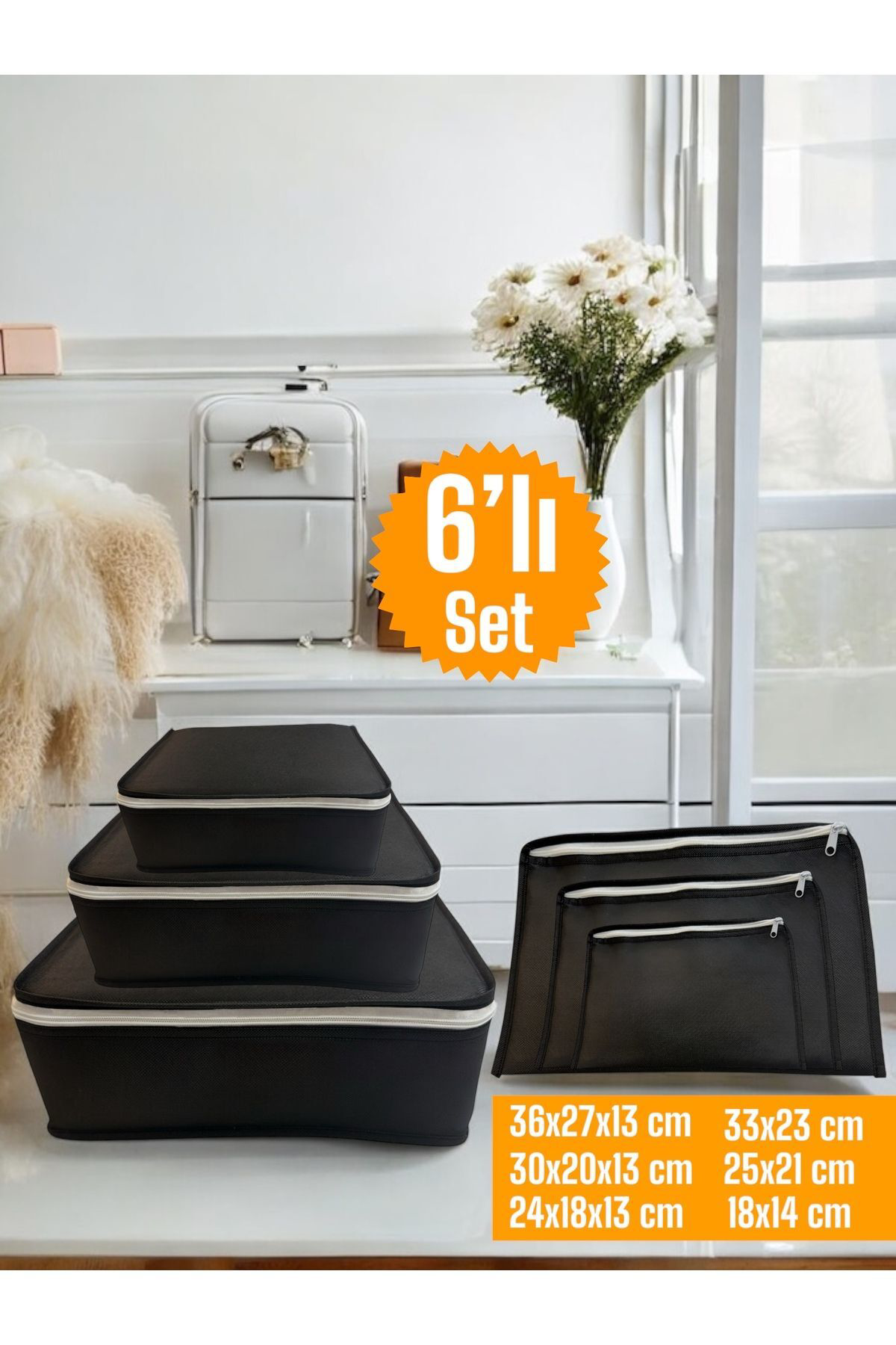 6'lı Siyah Valiz Düzenleyici , Bavul İçi Düzenleyici Organizer Se