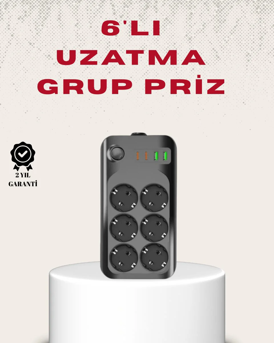 6'lı Termal Korumalı USB Type-C Çoklu Priz 2 Metre - 2500W Güçlü ve Güvenli Şarj Merkezi