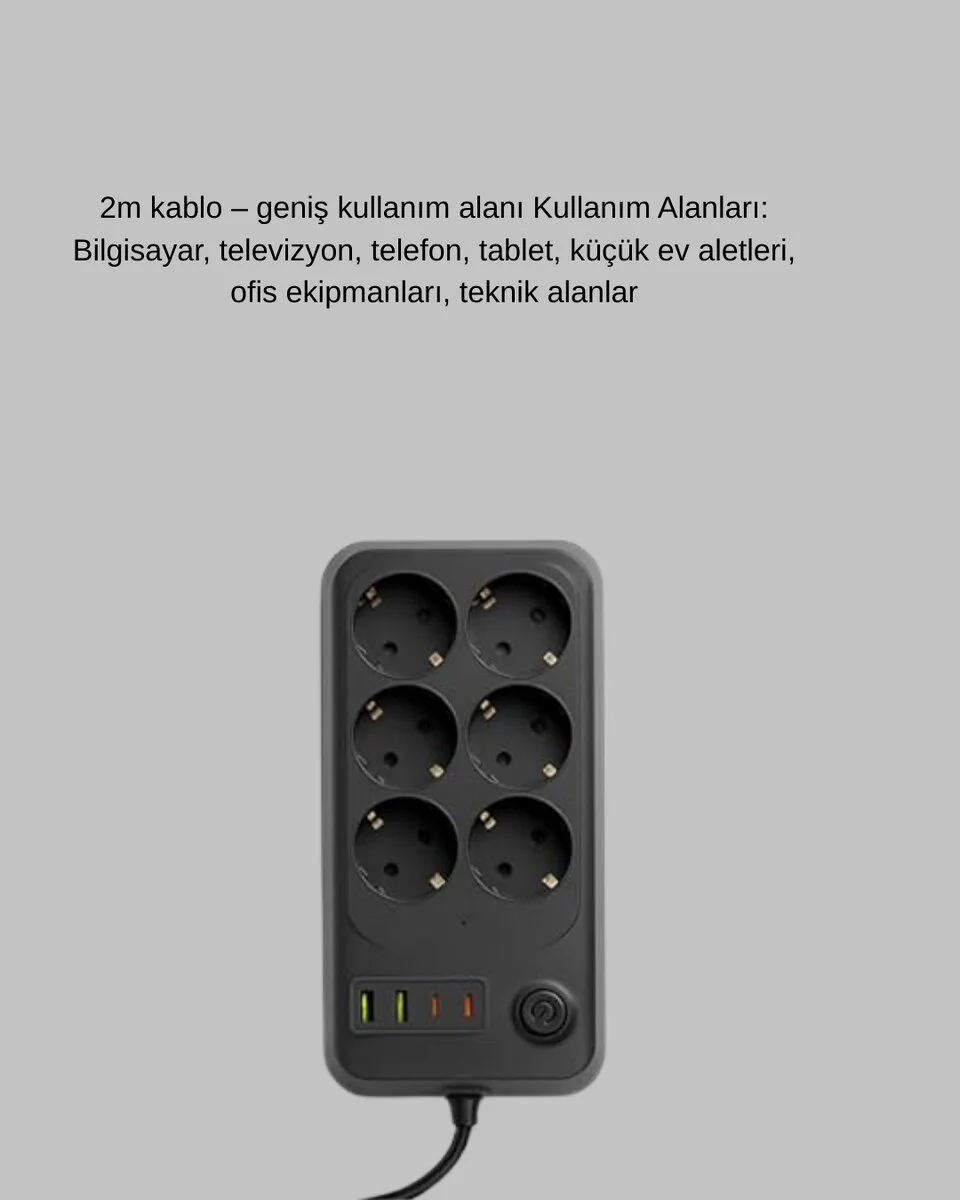 6'lı Termal Korumalı USB Type-C Çoklu Priz 2 Metre - 2500W Güçlü ve Güvenli Şarj Merkezi