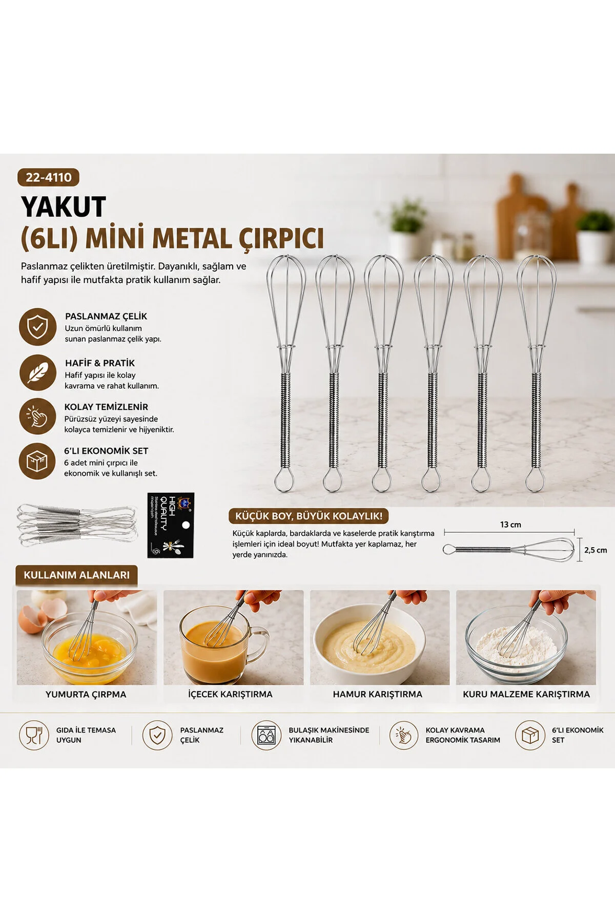 6PCS MİNİ=13CM Metal Çırpıcı - Görsel 2