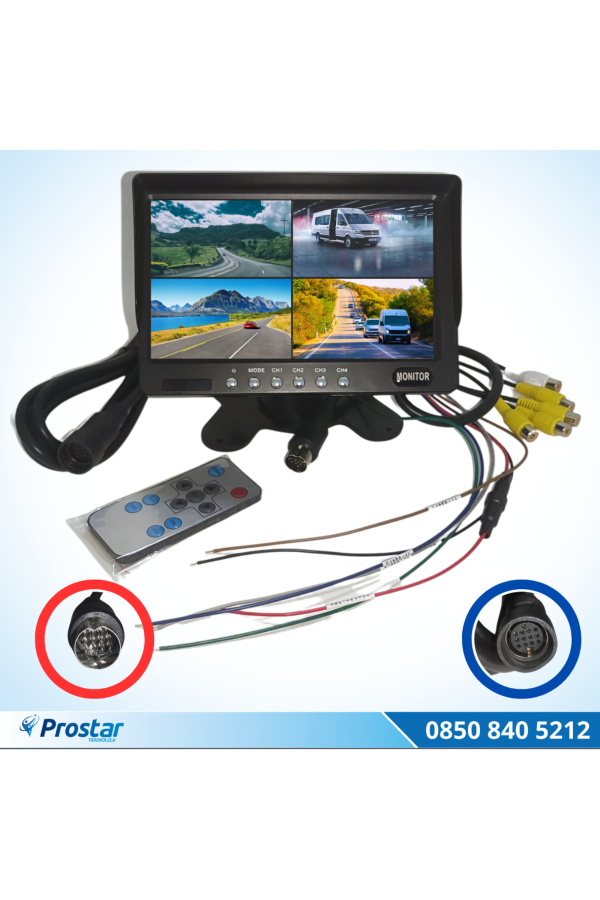 Navistar 7" Dörde Bölünür Araç Monitörü 13 Pin Çıkışlı 4 Kamera Girişli Ek