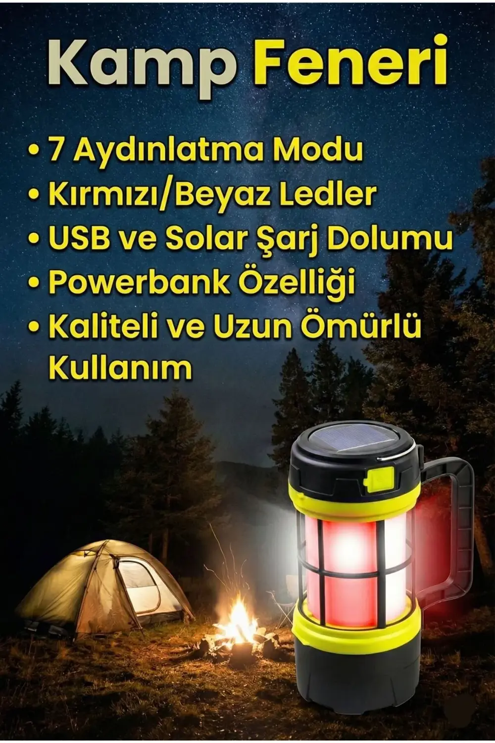 7 Farklı Mod Powerbank Özellikli Solar Kamp El Feneri Işıldak - K