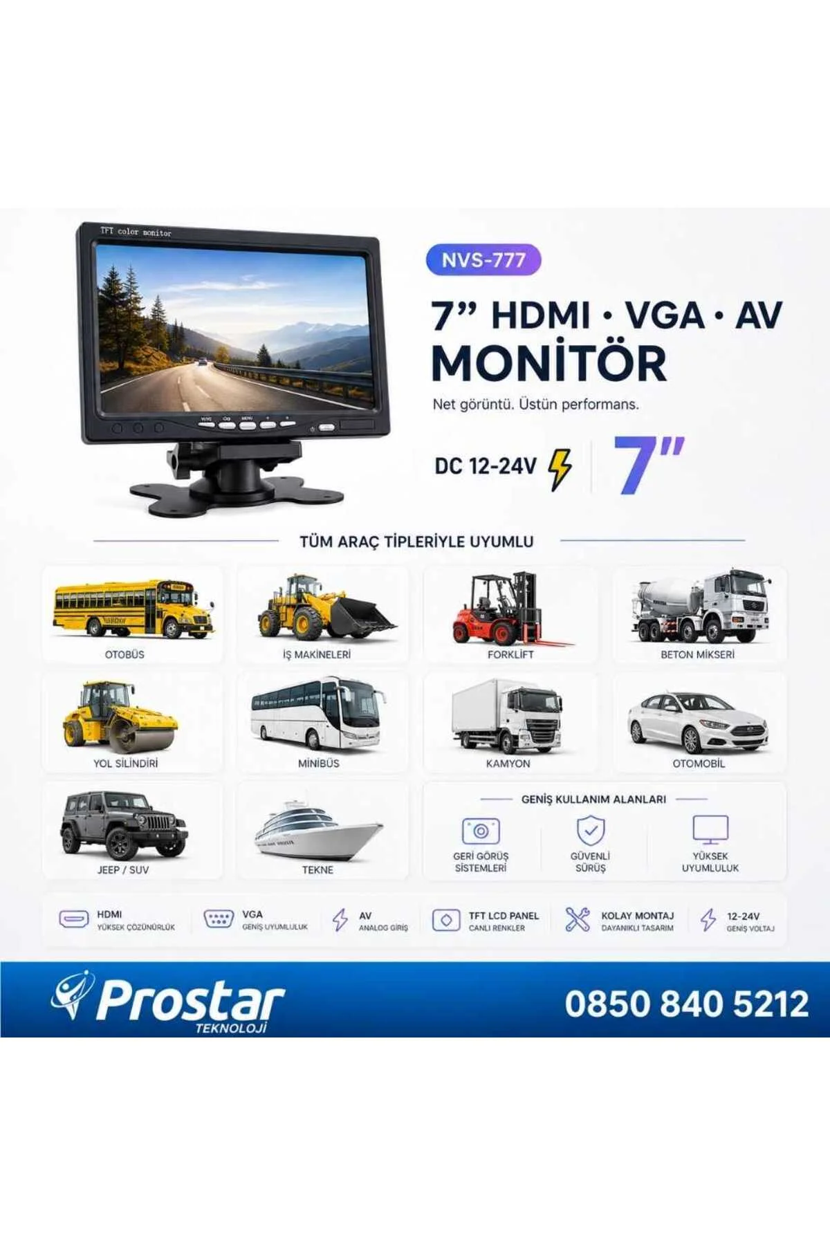 7 inç HDMI / VGA / AV Çok Amaçlı Araç ve Taşıt Monitörü Üç Giriş, Her Cihaza Uyumlu 12-24V 7 inç HDMI / VGA / AV Çok Amaçlı Araç ve Taşıt Monitörü Üç Giriş, Her Cihaza Uyumlu 12-24V
