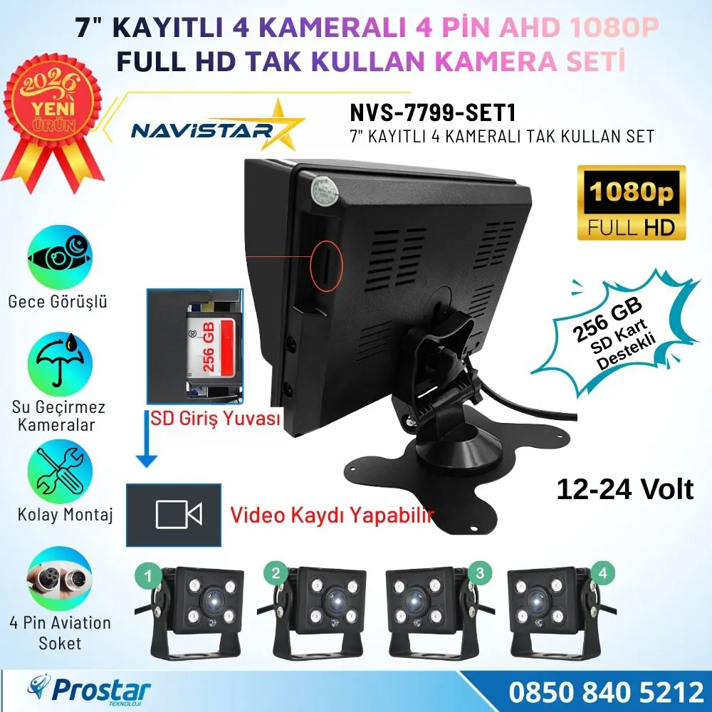 7 inç Kayıtlı 4 Kameralı Full HD Araç Kamera Sistemi AHD 1080P 25