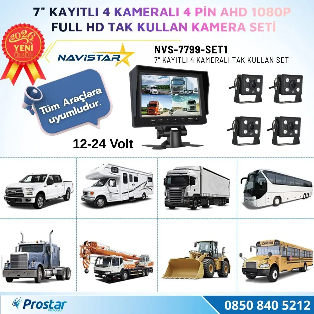 7 inç Kayıtlı 4 Kameralı Full HD Araç Kamera Sistemi AHD 1080P 25