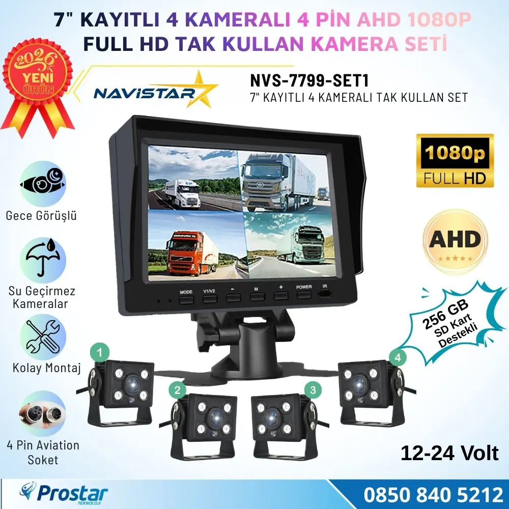 7 inç Kayıtlı 4 Kameralı Full HD Araç Kamera Sistemi AHD 1080P 25