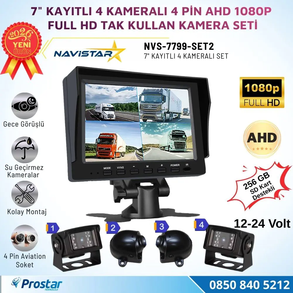 7 inç Kayıtlı AHD 1080P 4 Kameralı Full HD Araç Kamera Sistemi 25