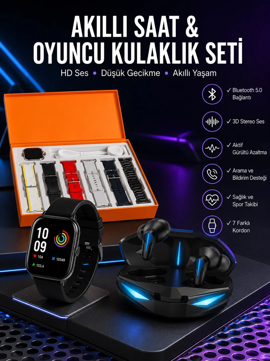 7 Kordonlu Akıllı Saat Ve Oyuncu Kulaklığı ANC Özelliği Kulak İçi Mikrofonlu Sesli Görüşme 7 Kordonlu Akıllı Saat Ve Oyuncu Kulaklığı ANC Özelliği Kulak İçi Mikrofonlu Sesli Görüşme