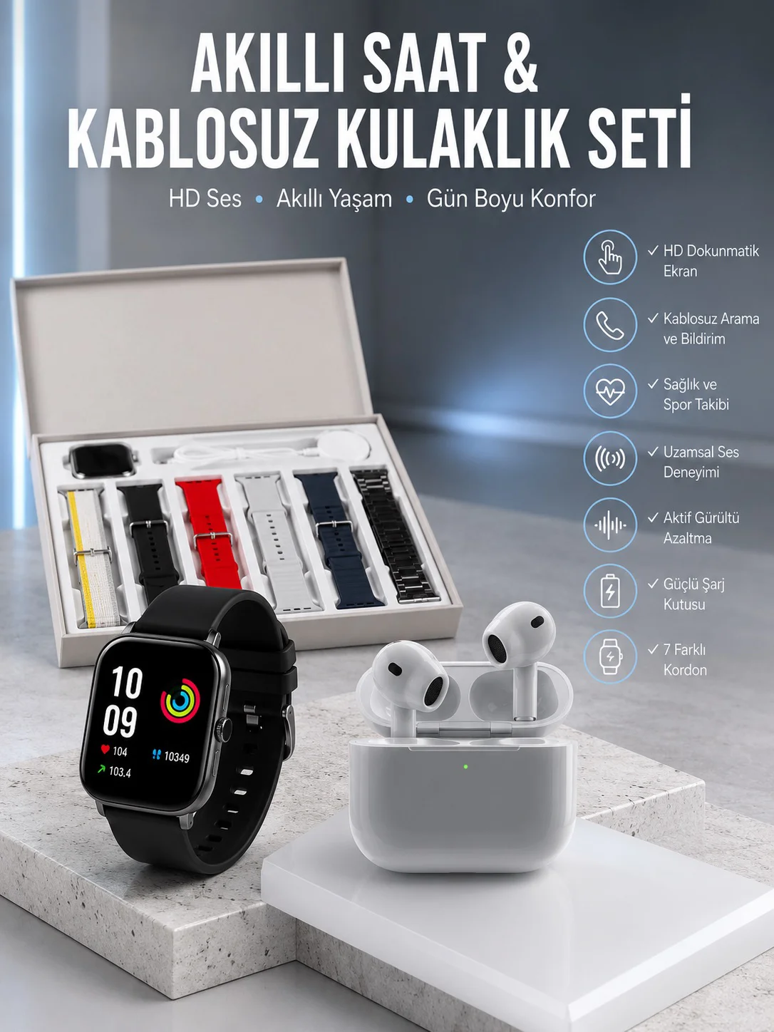 7 Kordonlu Akıllı Saat Ve 3.Nesil Kulaklık Dokunmatik Ekran Sesli Görüşme Yapabilen 7 Kordonlu Akıllı Saat Ve 3.Nesil Kulaklık Dokunmatik Ekran Sesli Görüşme Yapabilen