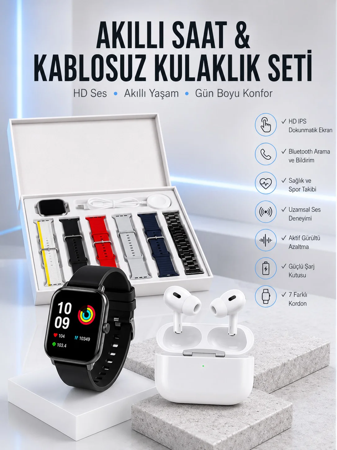 7 Kordonlu Akıllı Saat Ve Yeni Nesil Kulaklık Dokunmatik Ekran Android ve İOS Uyumlu