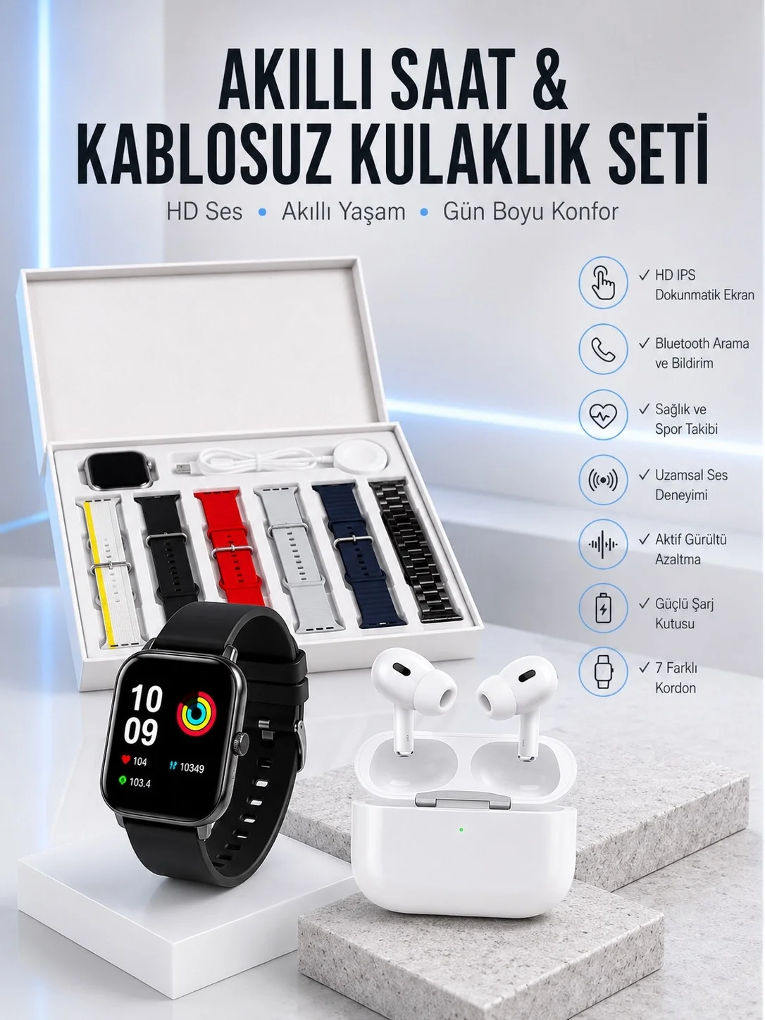 7 Kordonlu Akıllı Saat Ve Yeni Nesil Kulaklık Dokunmatik Ekran Android ve İOS Uyumlu