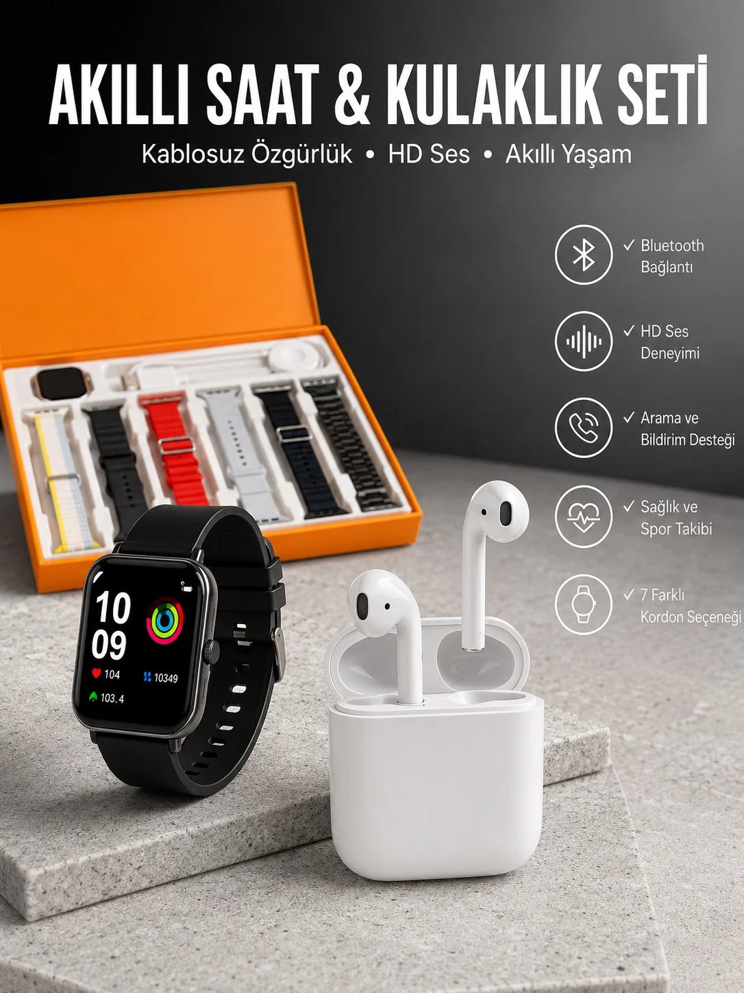 7 Kordonlu Akıllı Saat Ve 2.Nesil Kulaklık Yüksek Ses Kaliteli Uzun Pil Ömrü