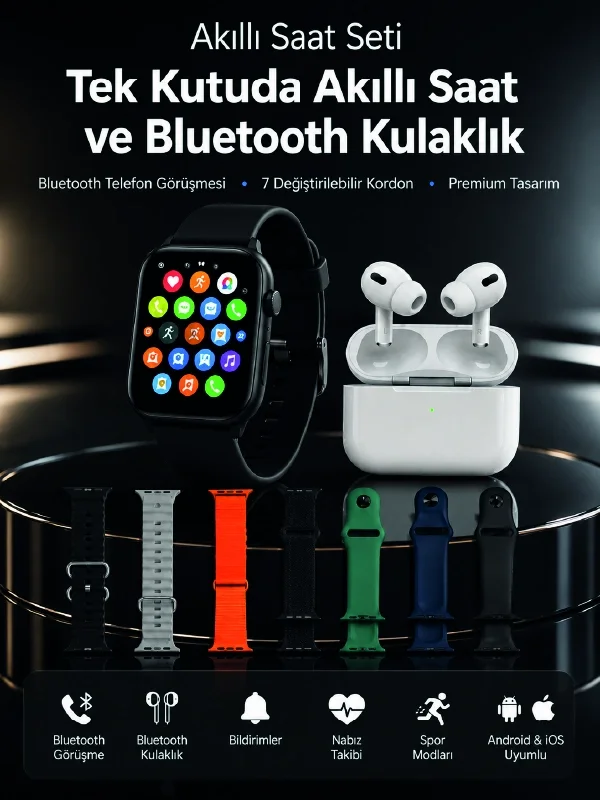 7 Kordonlu Akıllı Saat ve Bluetooth Kulaklık Seti Nabız Takibi, Bildirimler ve Spor Modları