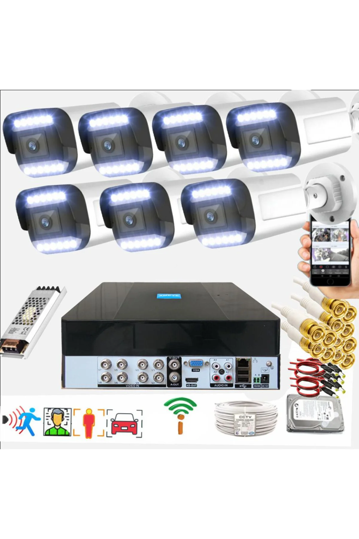 7 li Araç İnsan Yüz ve Hareket Algılayan 5 MP Lens 12 WarmLed Gece Renkli Kamera Seti 3312W-P