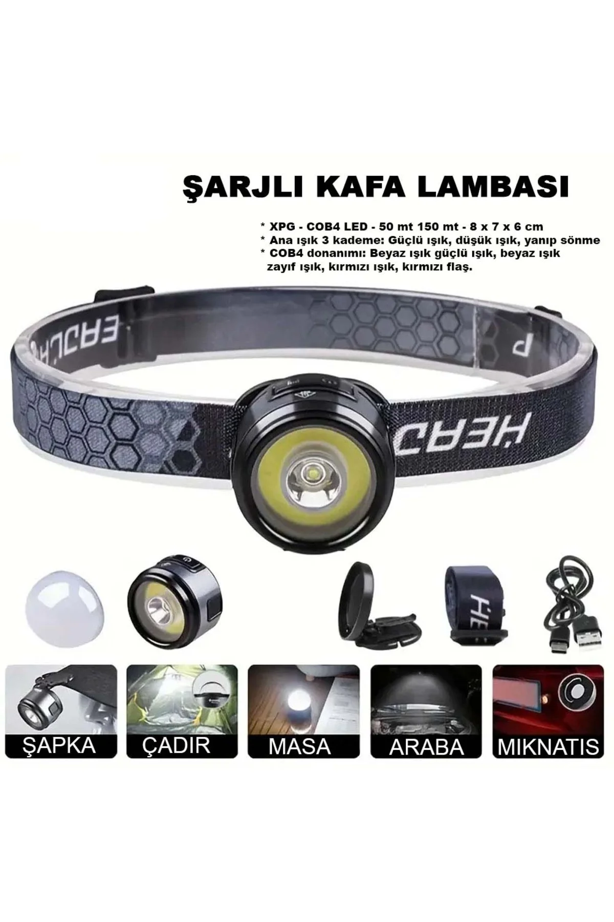 7 MOD ŞARJLI KAFA VE KAMP LAMBASI WATTON WT-618 Siyah