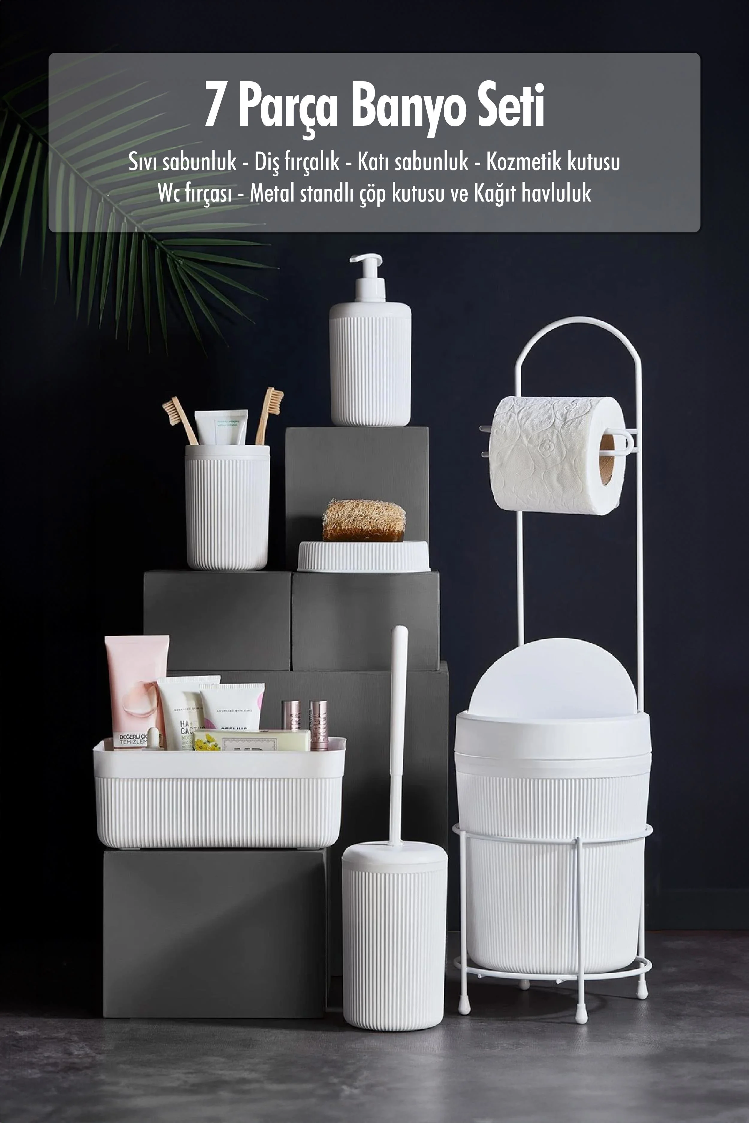 7 Parça Beyaz Banyo Seti Metal Stantlı Kovalı Wc Kağıtlık Kozmetik Kutusu Diş Fırçalık Ve Sabunlukla 7 Parça Beyaz Banyo Seti Metal Stantlı Kovalı Wc Kağıtlık Kozmetik Kutusu Diş Fırçalık Ve Sabunlukla