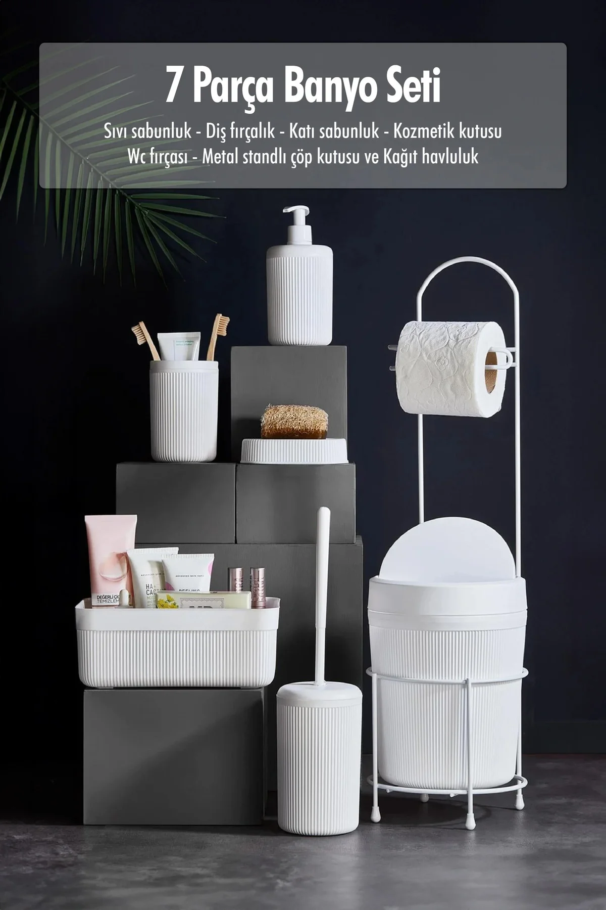 7 Parça Beyaz Banyo Seti Metal Stantlı Kovalı Wc Kağıtlık Kozmetik Kutusu Diş Fırçalık Ve Sabunlukla 7 Parça Beyaz Banyo Seti Metal Stantlı Kovalı Wc Kağıtlık Kozmetik Kutusu Diş Fırçalık Ve Sabunlukla