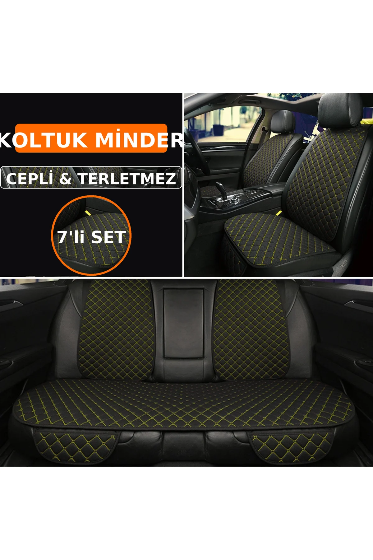 7 Parça Kapitone Kumaş Araba Koltuk Minderi– Kaymaz, Ön ve Arka U