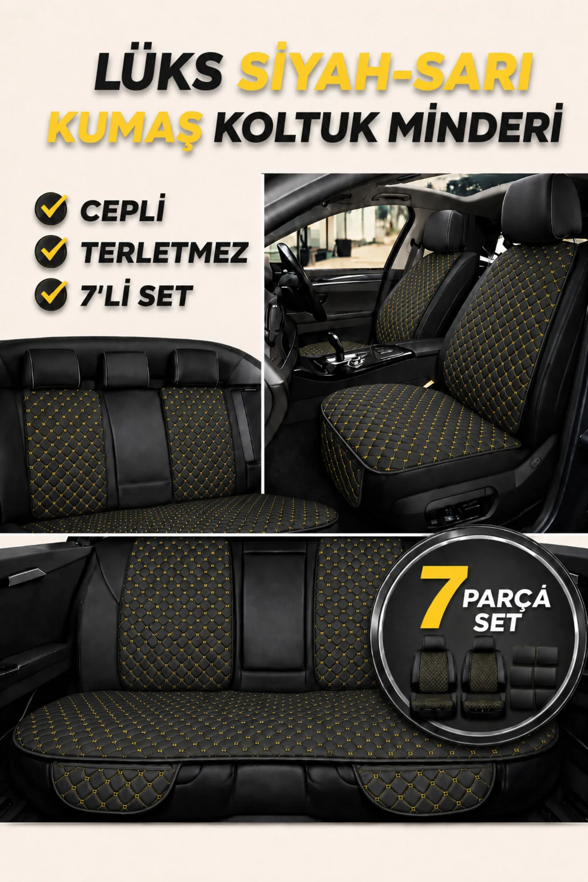 7 Parça Kumaş Oto Koltuk Minderi Kapitone Terletmez Kaymaz Taban Siyah Sarı Fiyatı, Yorumları ve Özellikleri