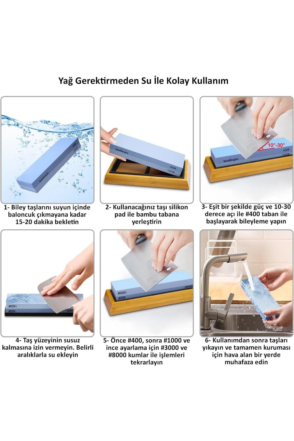 7 Parça Profesyonel Bıçak Bileme Seti 4 Taraflı Biley Taşı 400 10