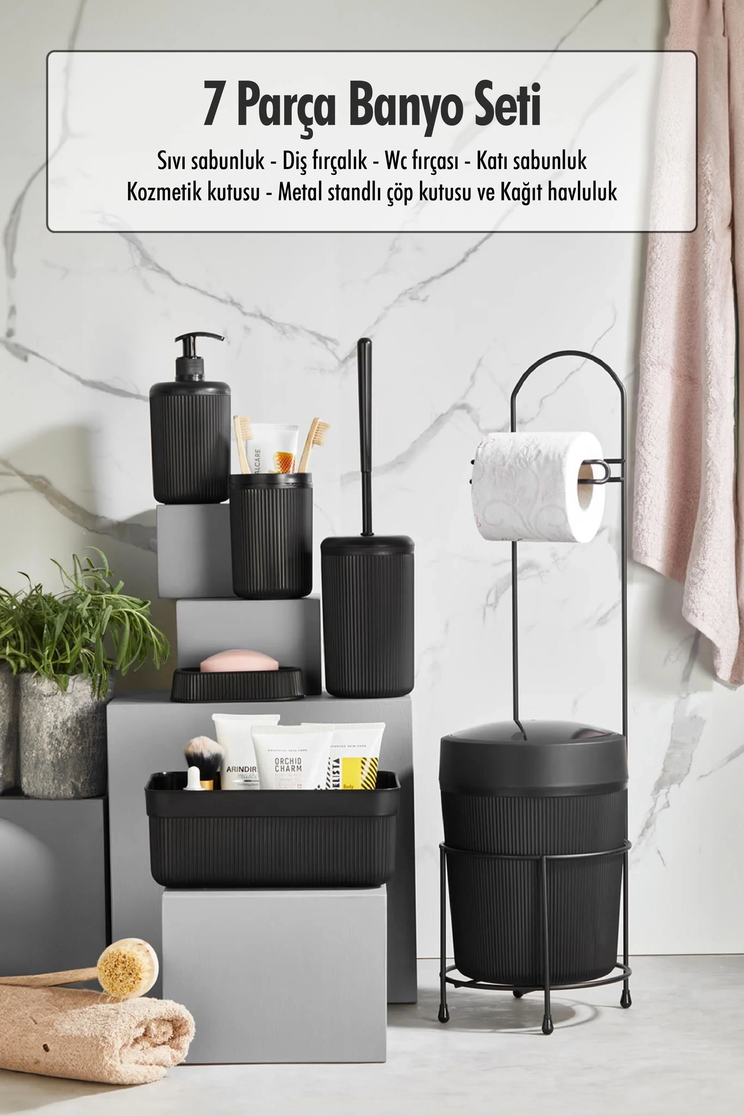 7 Parça Siyah Banyo Seti Metal Stantlı Kovalı Wc Kağıtlık Kozmetik Kutusu Diş Fırçalık Ve Sabunlukla 7 Parça Siyah Banyo Seti Metal Stantlı Kovalı Wc Kağıtlık Kozmetik Kutusu Diş Fırçalık Ve Sabunlukla