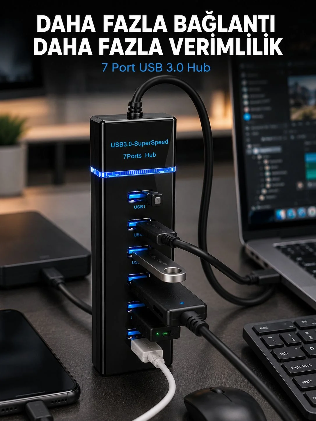 7 Port USB 3.0 Hub 5Gbps Süper Hızlı USB Çoklayıcı Fiyatı, Yorumları ve Özellikleri
