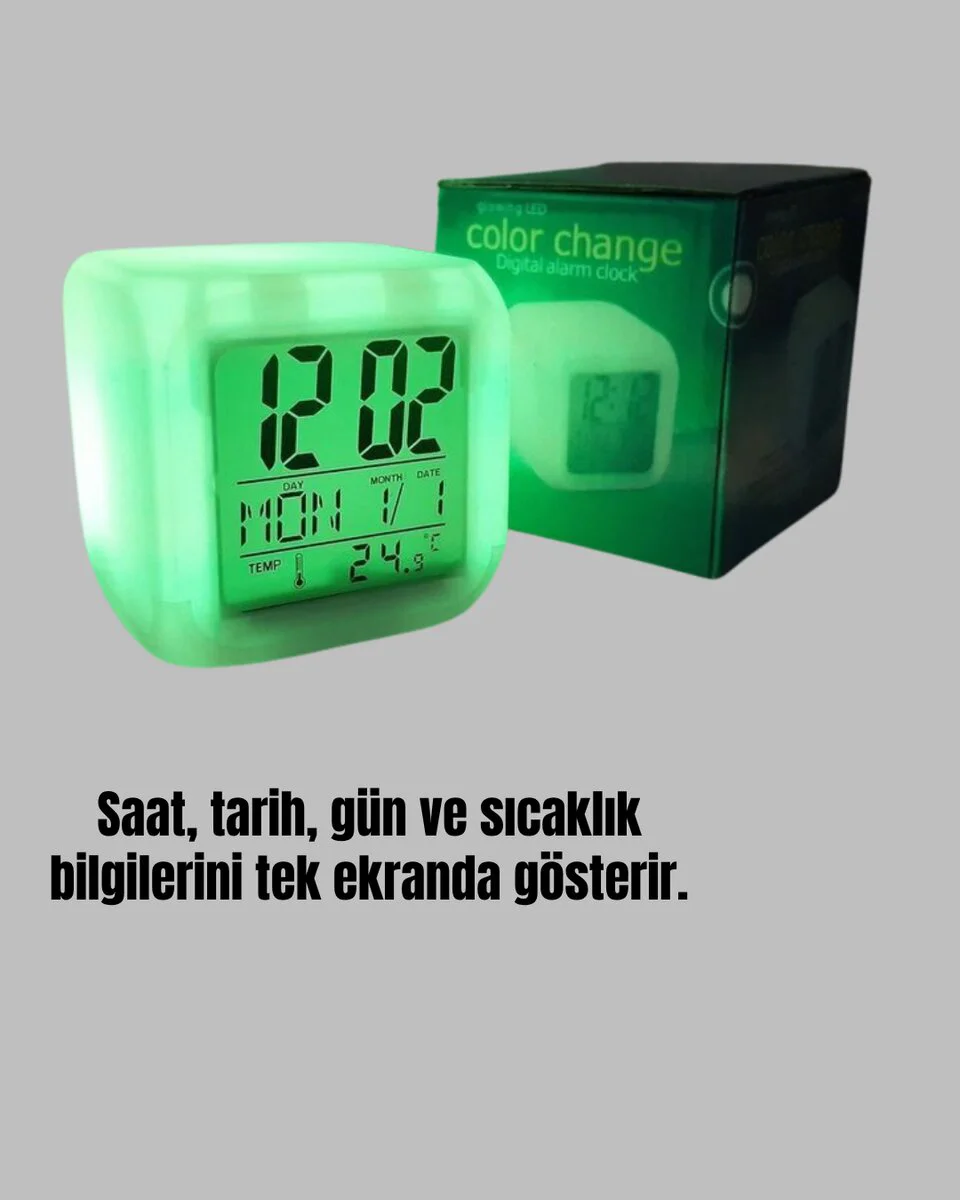 7 Renk Değiştiren Küp Alarm Saati ve Gece Lambası - Takvim, Termometre ve Kronometre Özellikli
