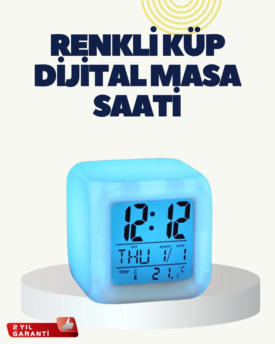 7 Renk Değiştiren Küp Alarm Saati ve Gece Lambası - Takvim, Termometre ve Kronometre Özellikli