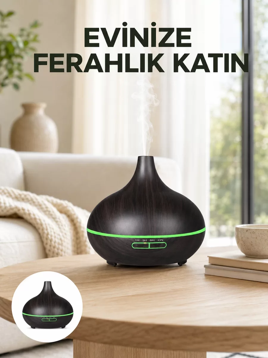 7 Renk Işıklı Ultrasonik Hava Difüzörü – Sessiz Nemlendirici ve Aromaterapi Cihazı