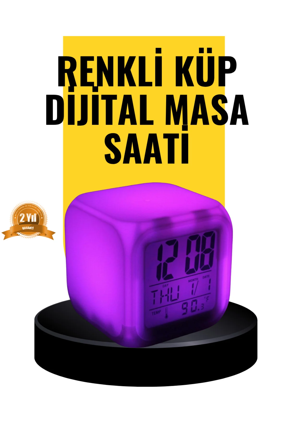7 Renk LED Işıklı Alarmlı Dijital Küp Masa Saati Termometreli