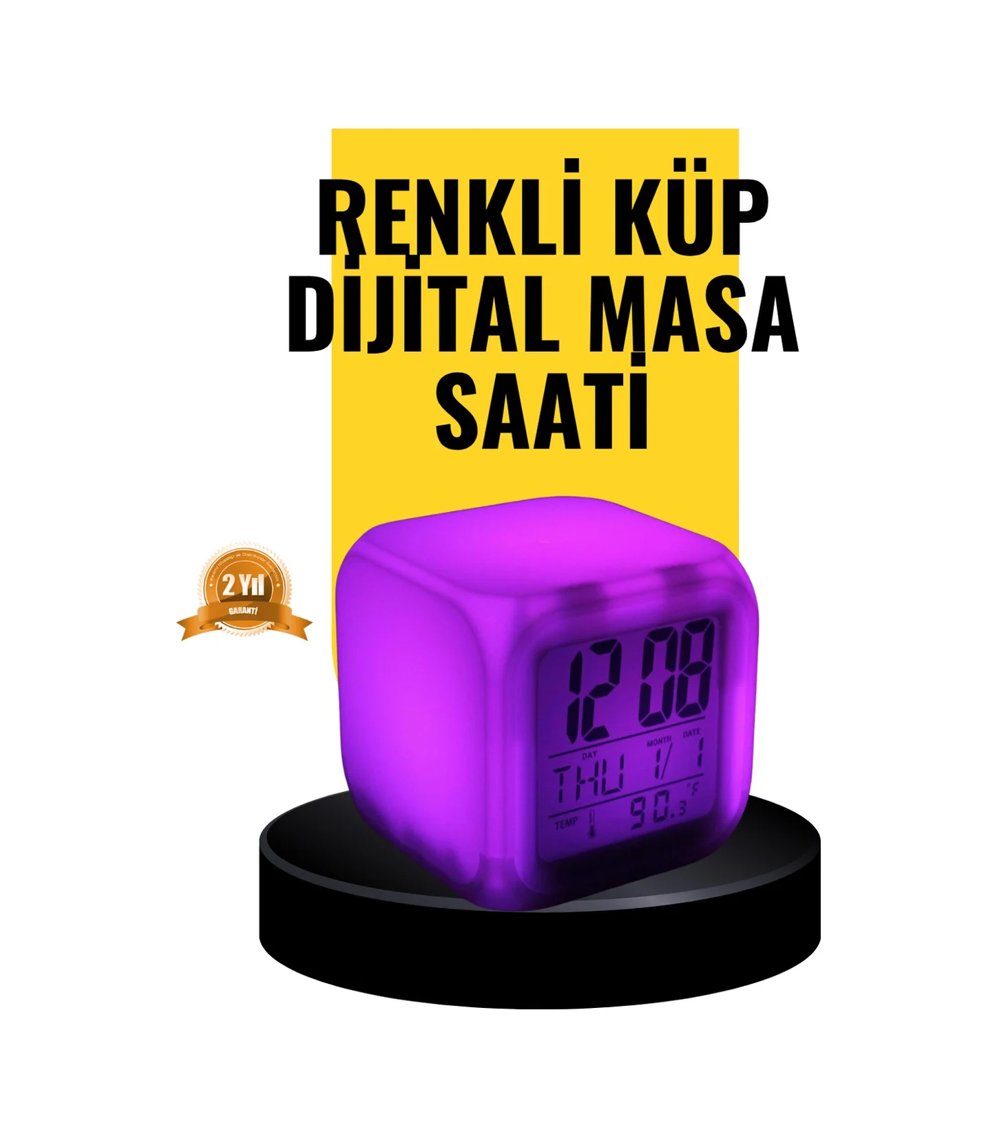 7 Renk Led Işıklı Alarmlı Dijital Küp Masa Saati Termometreli Diğer