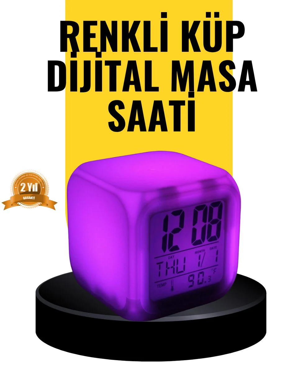 7 Renk LED Işıklı Dijital Küp Masa Saati - Alarmlı, Termometreli ve Gece Lambası