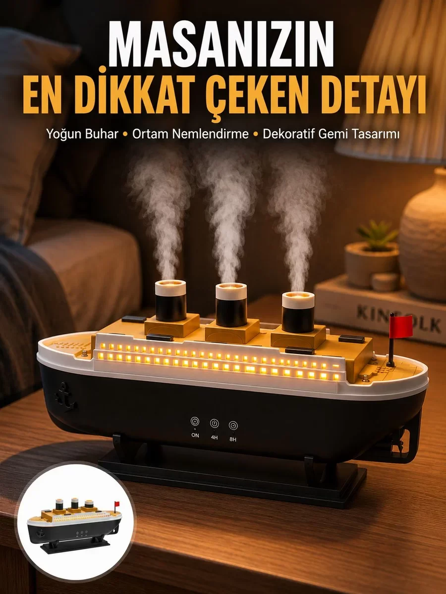 7 Renk Ortam Işıklı Dekoratif Gemi Tasarım Hava Nemlendirici Difü