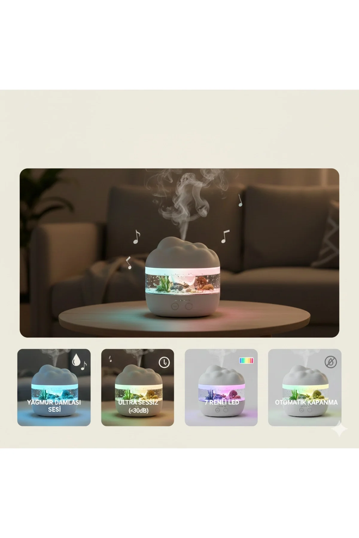 7 Renk RGB Işıklı Yağmur Damlası Şeklinde Aromaterapi Hava Nemlendirici ve Difüzör