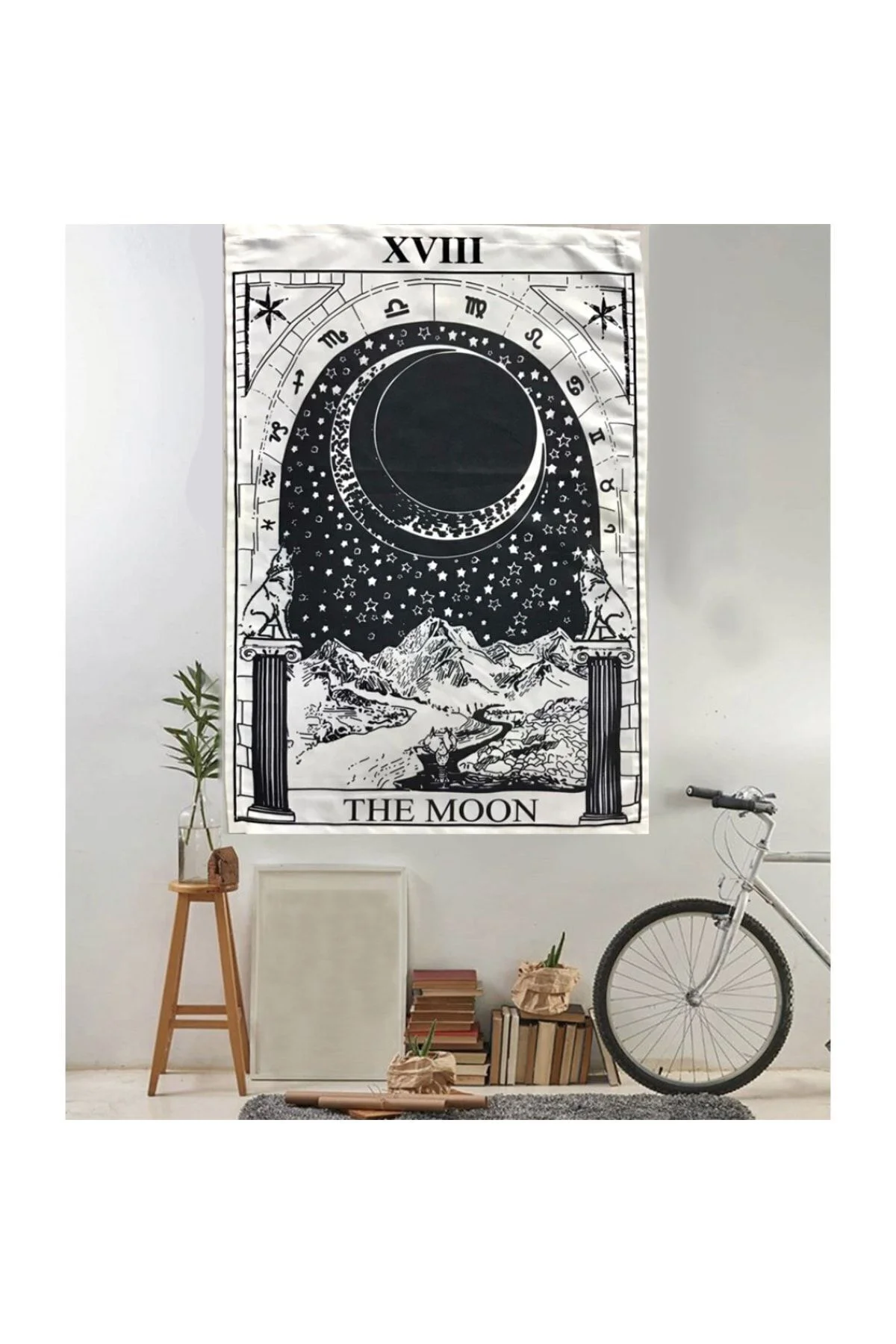 70 X 100 Cm The Moon Zodiac Beyaz Siyah Duvar Halısı